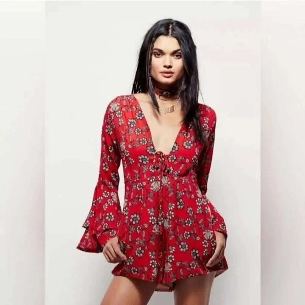 For Love & Lemons Boho Red Floral Pia romper size‎ M Boho Free - Picture 3 of 11